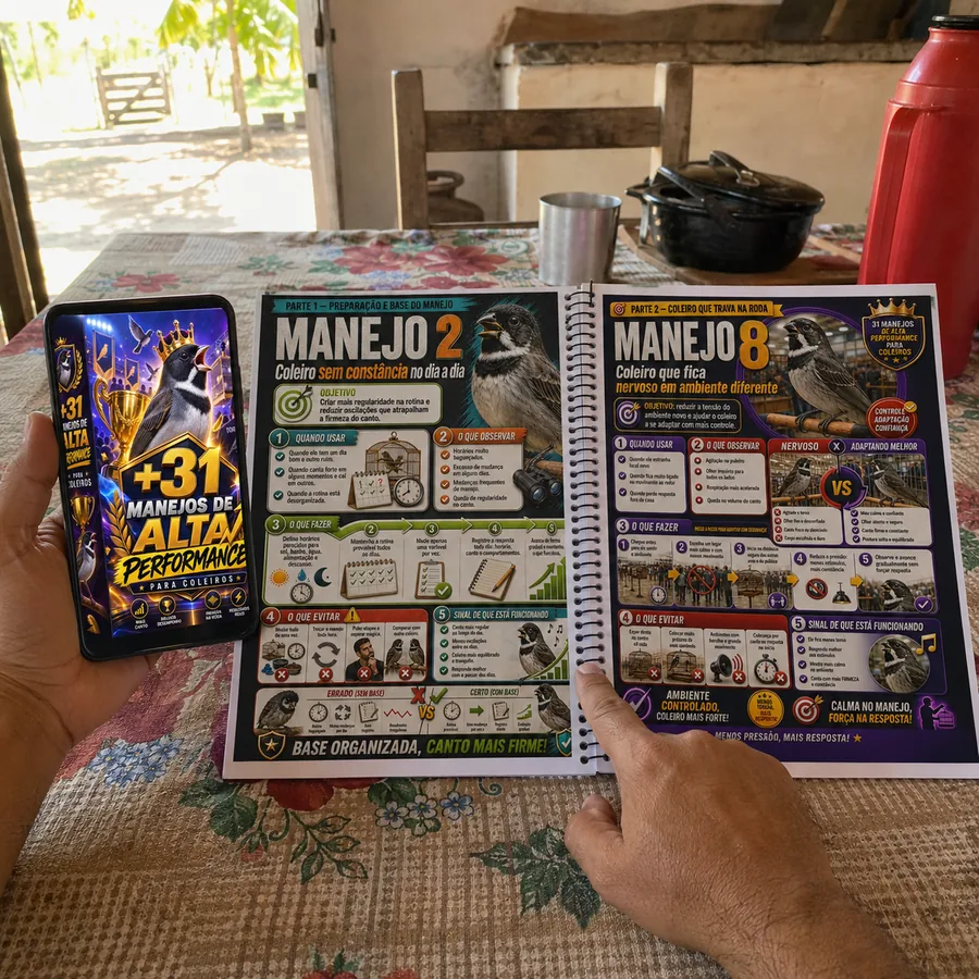 Puxador consultando páginas impressas dos manejos para coleiros